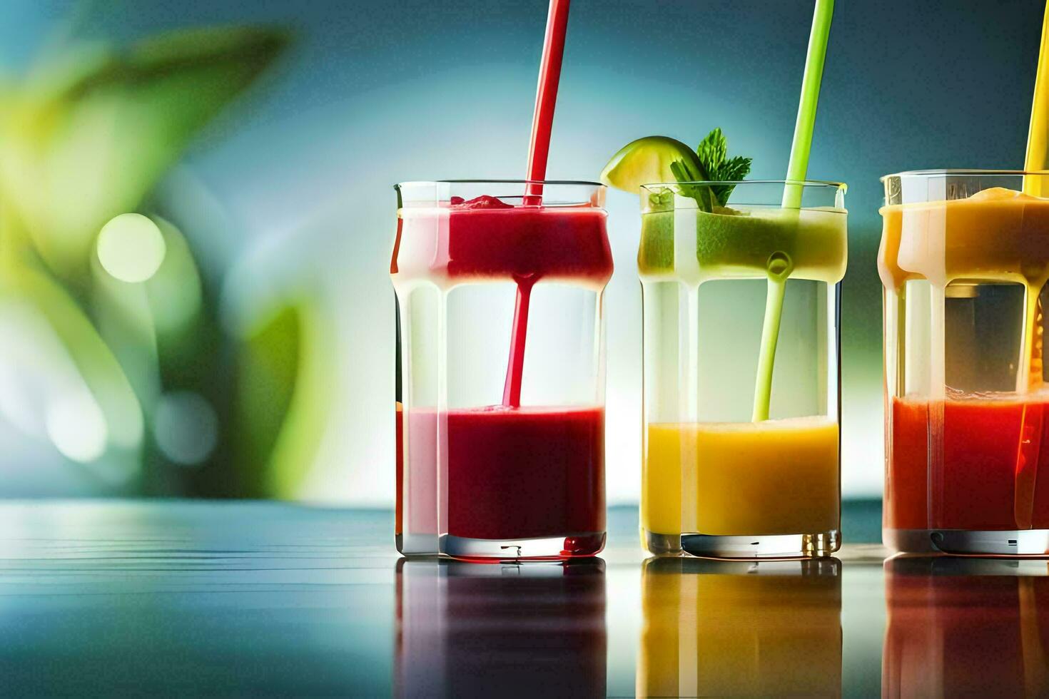 three glasses of different colored juices. AI-Generated photo