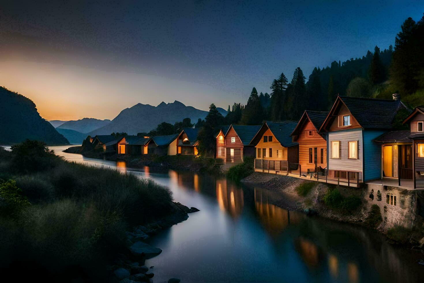houses on the banks of a river at dusk. AI-Generated photo