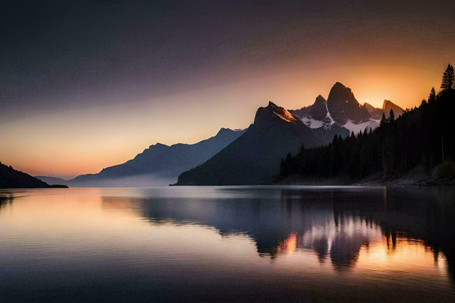 the sun rises over a mountain range and lake. AI-Generated photo