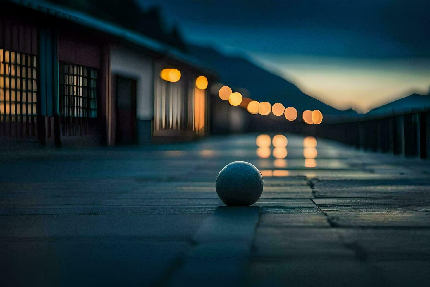 un pelota se sienta en el suelo en frente de un edificio. generado por ai foto