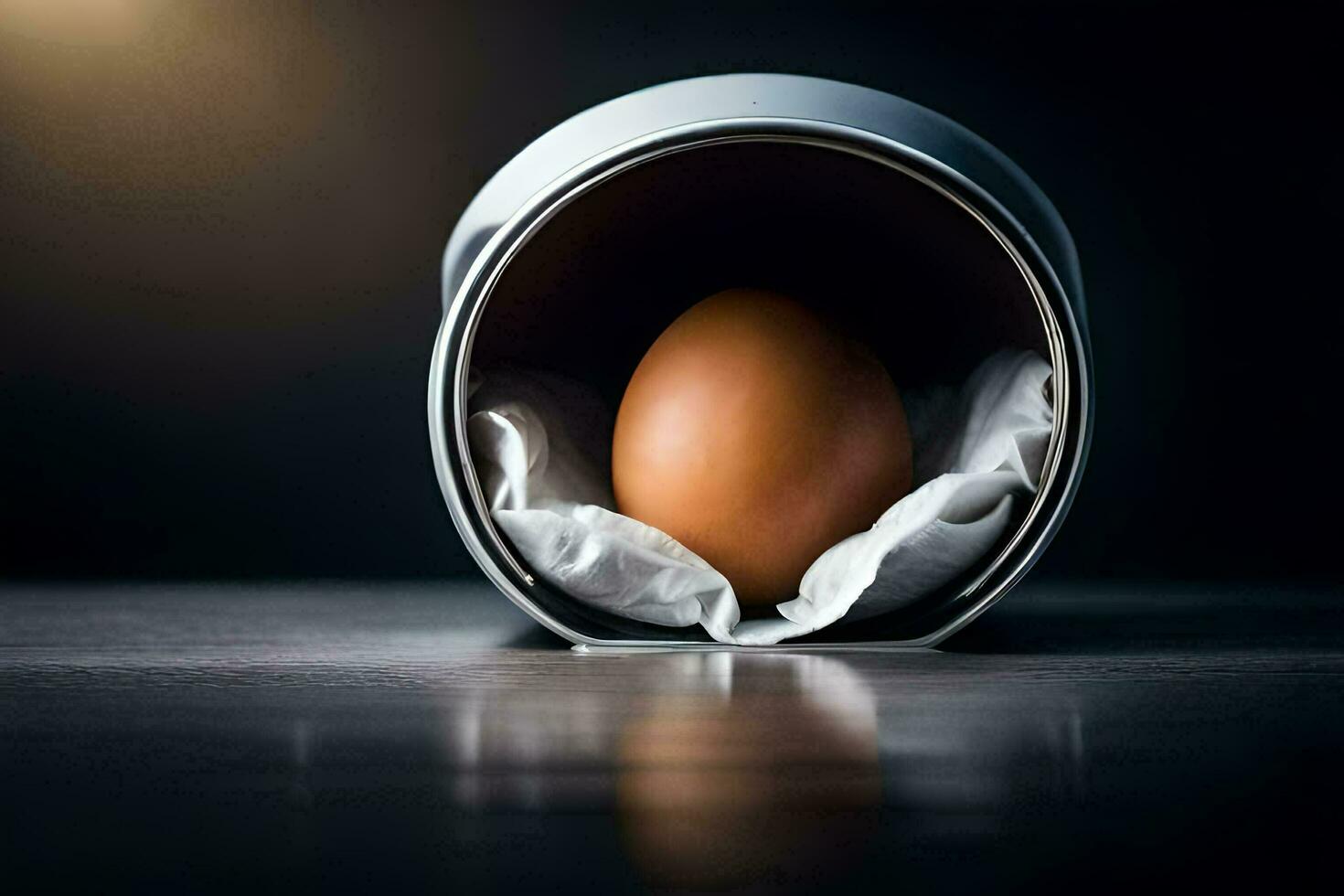 an egg in a tin on a table. AI-Generated photo