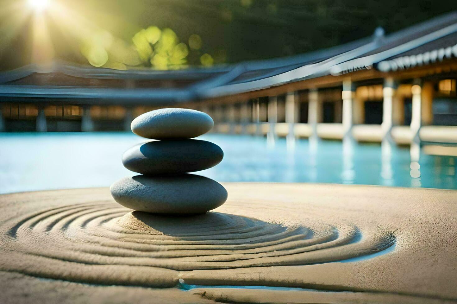 zen stones stacked on top of each other in front of a pool. AI-Generated photo