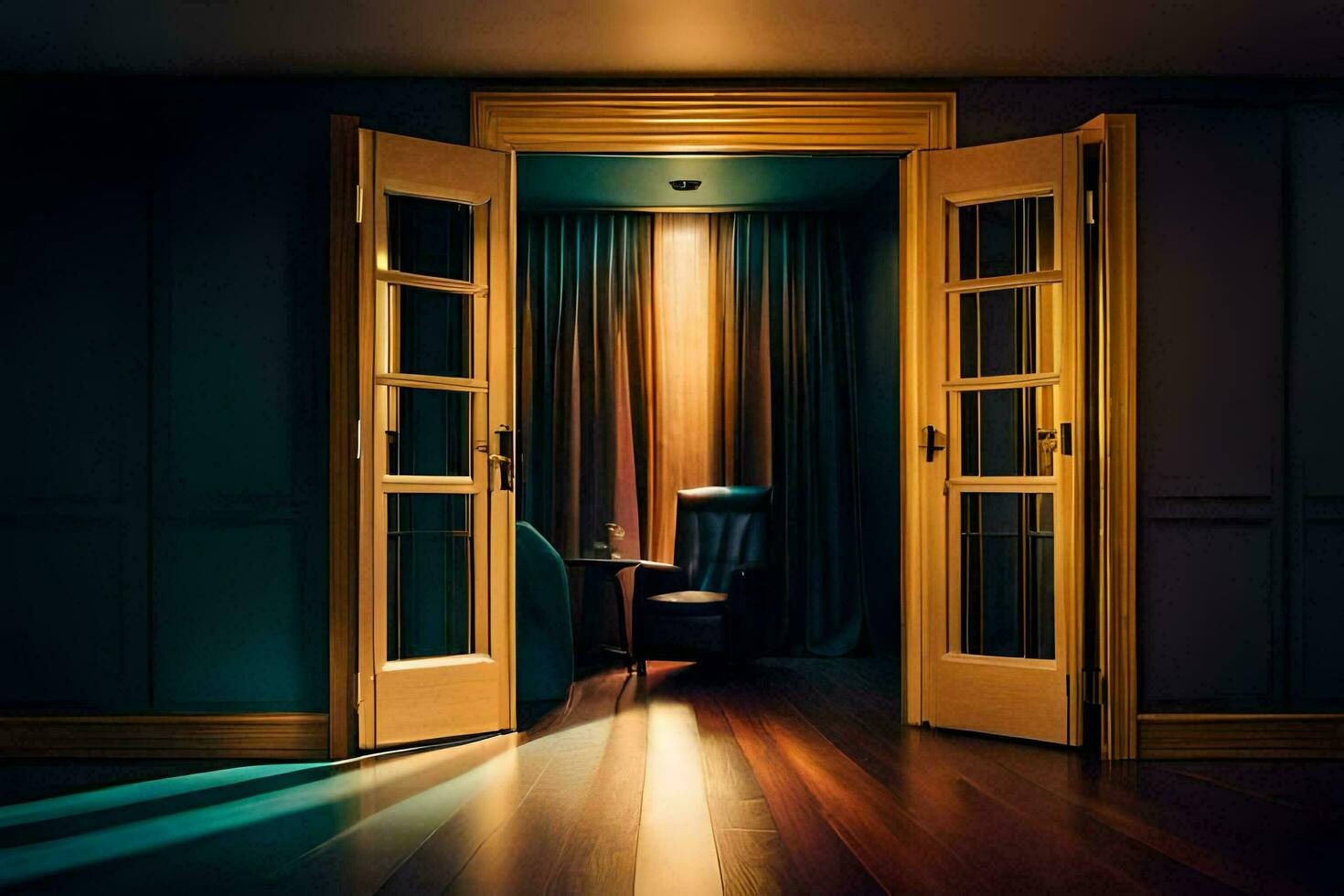 an open door to a room with a chair and a light shining through. AI-Generated photo