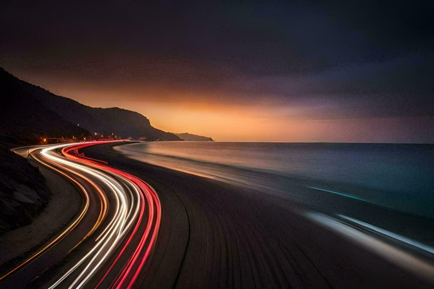 a long exposure photograph of a car driving on the highway. AI-Generated photo