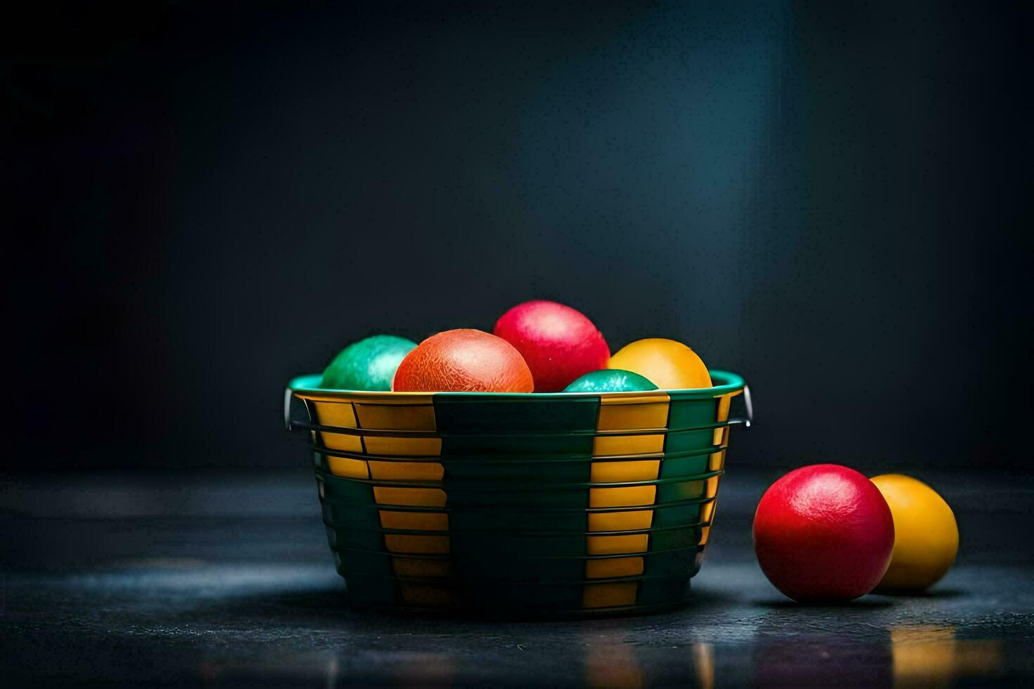 colorful easter eggs in a basket on a dark table. AI-Generated photo