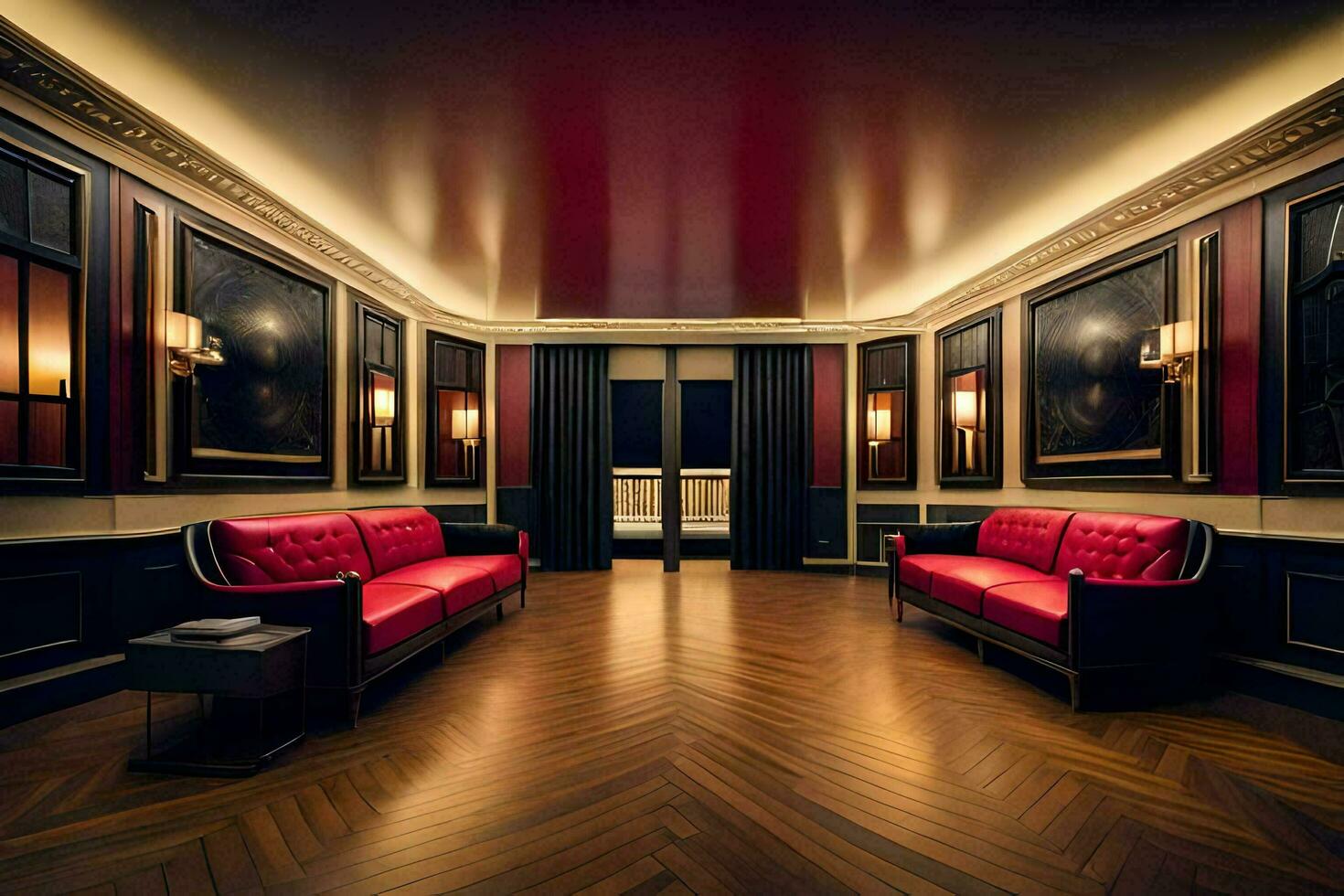 the red couches are in a room with black walls and wood floors. AI-Generated photo