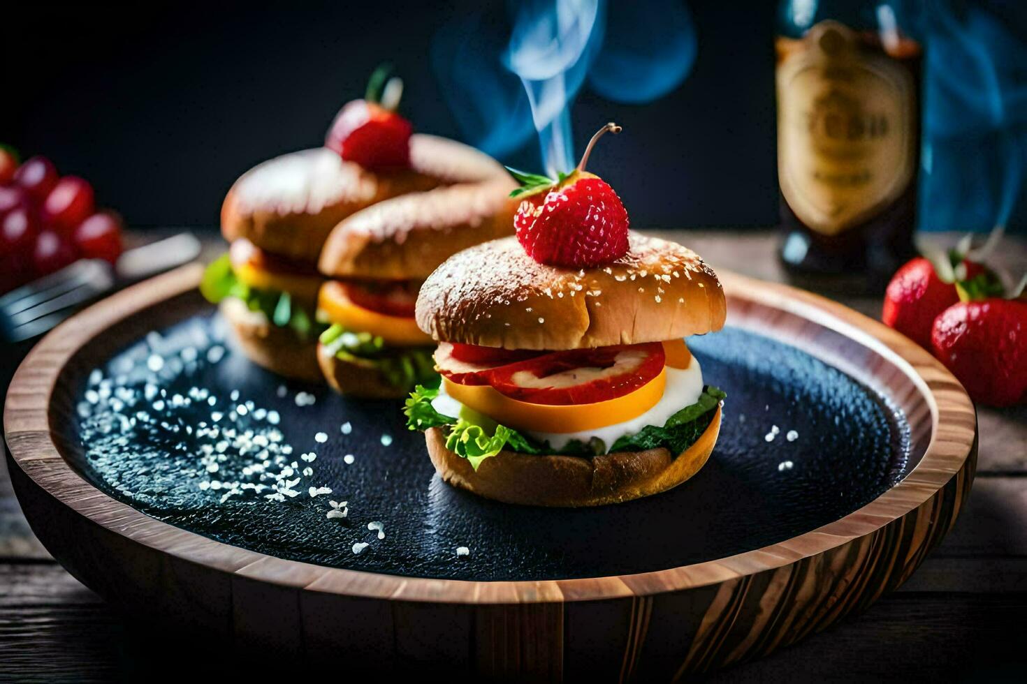 three mini burgers on a wooden plate with smoke. AI-Generated photo