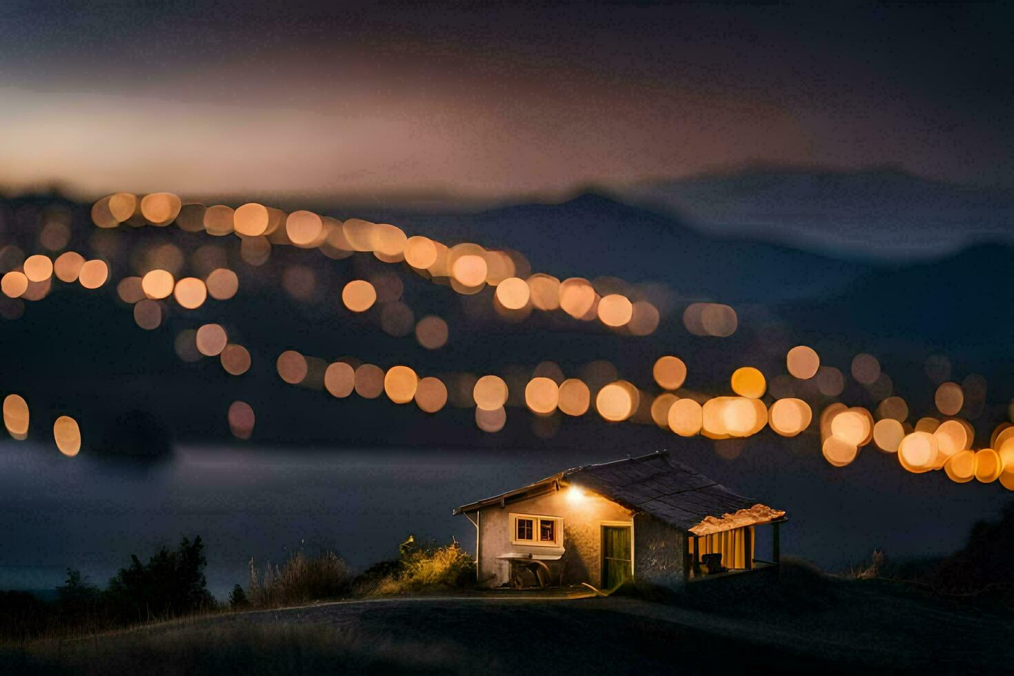 a small house sits on top of a hill with lights in the background. AI-Generated photo