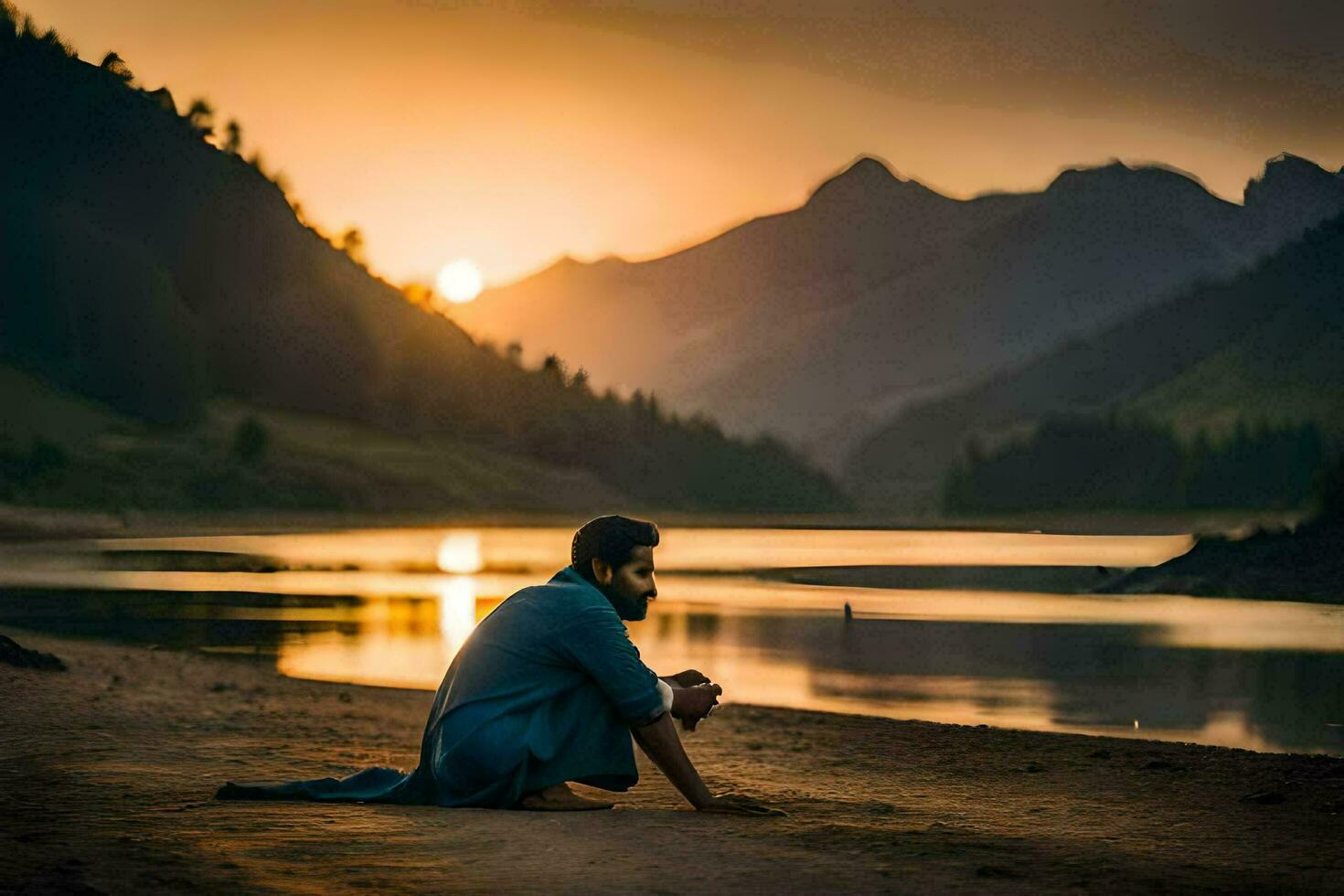 a man sitting on the shore of a lake at sunset. AI-Generated photo