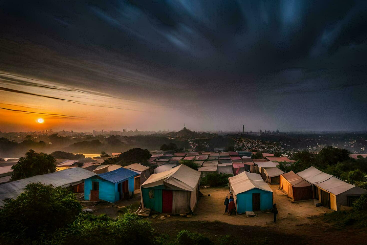 the sun sets over a village of tents. AI-Generated photo