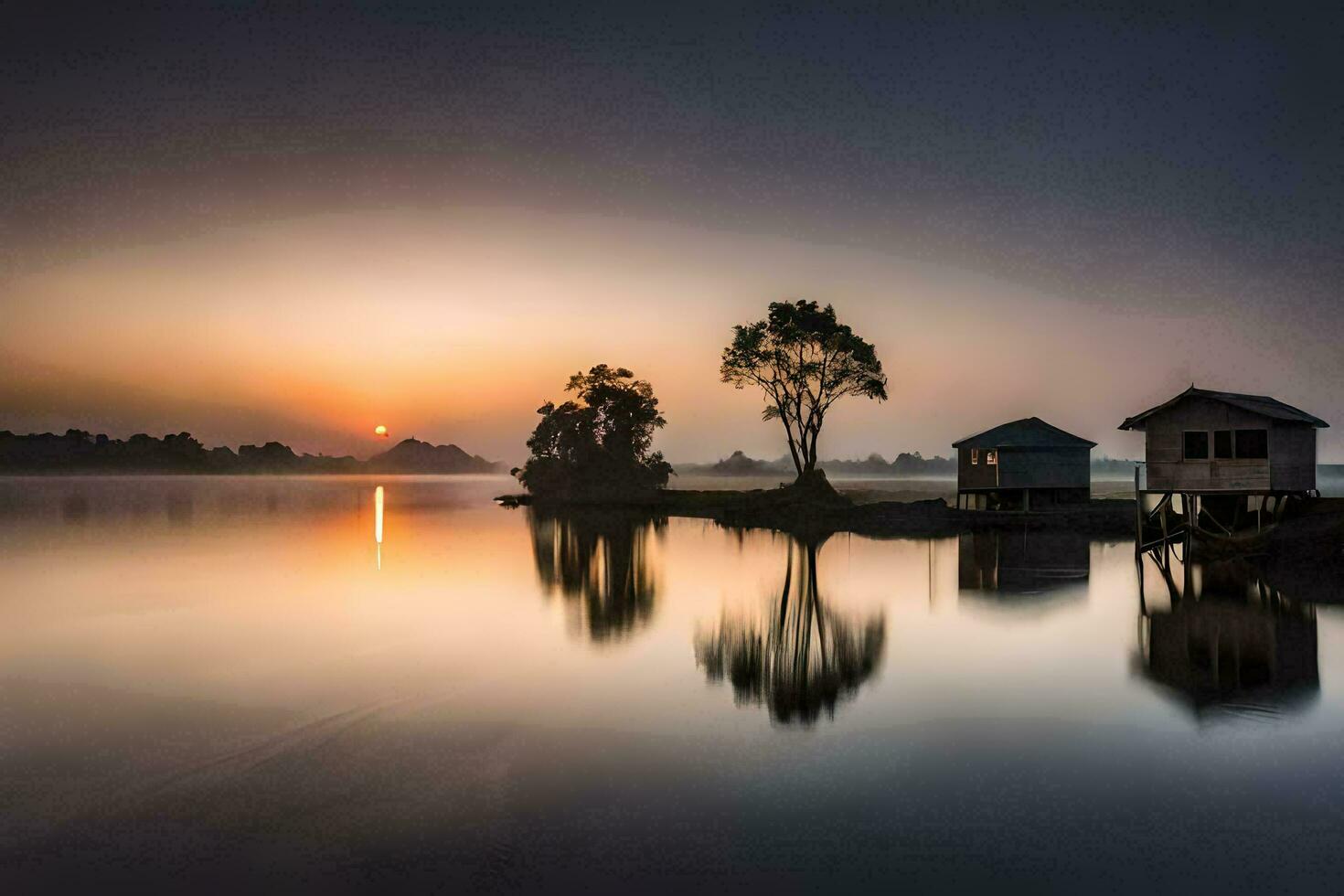 el Dom sube terminado un lago con dos pequeño casas generado por ai foto