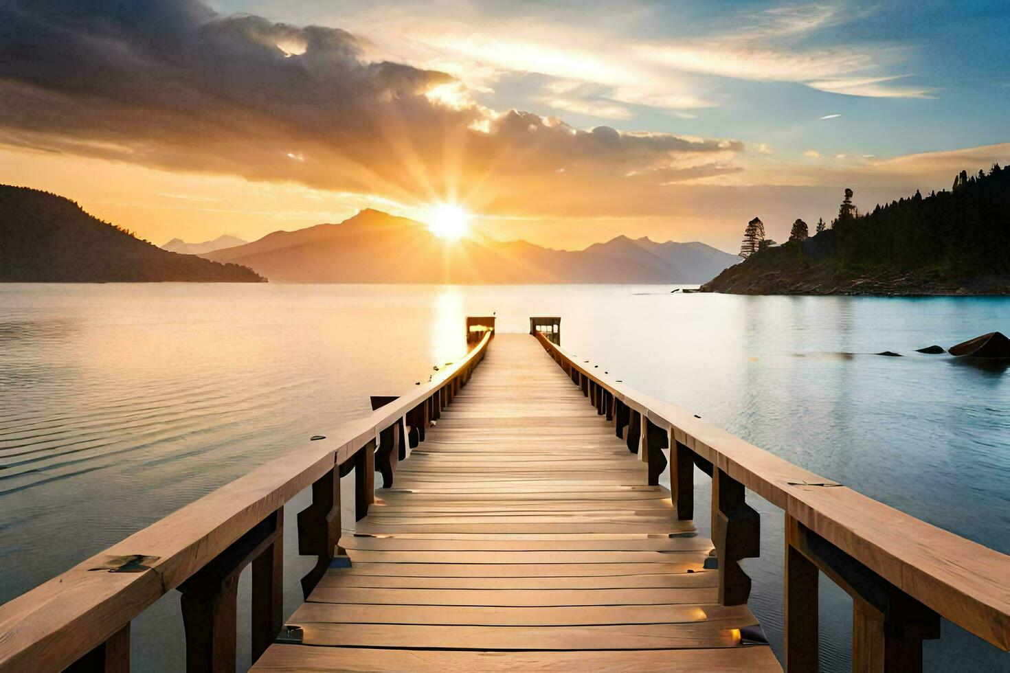 a wooden dock extends into the water at sunset. AI-Generated photo