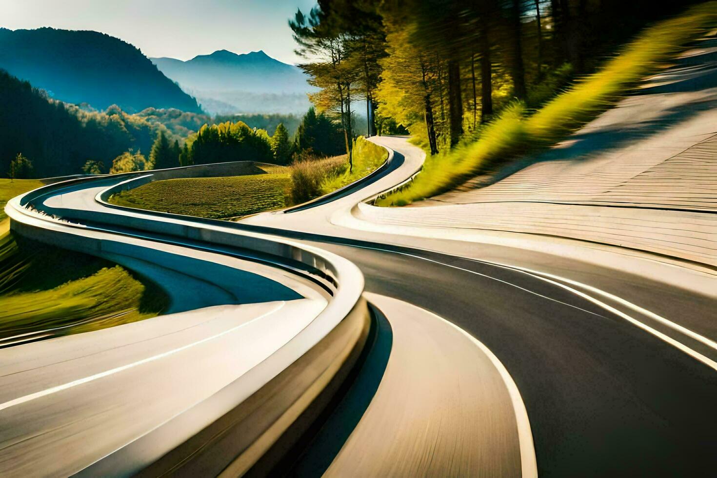 un curva en el la carretera en el montañas. generado por ai foto