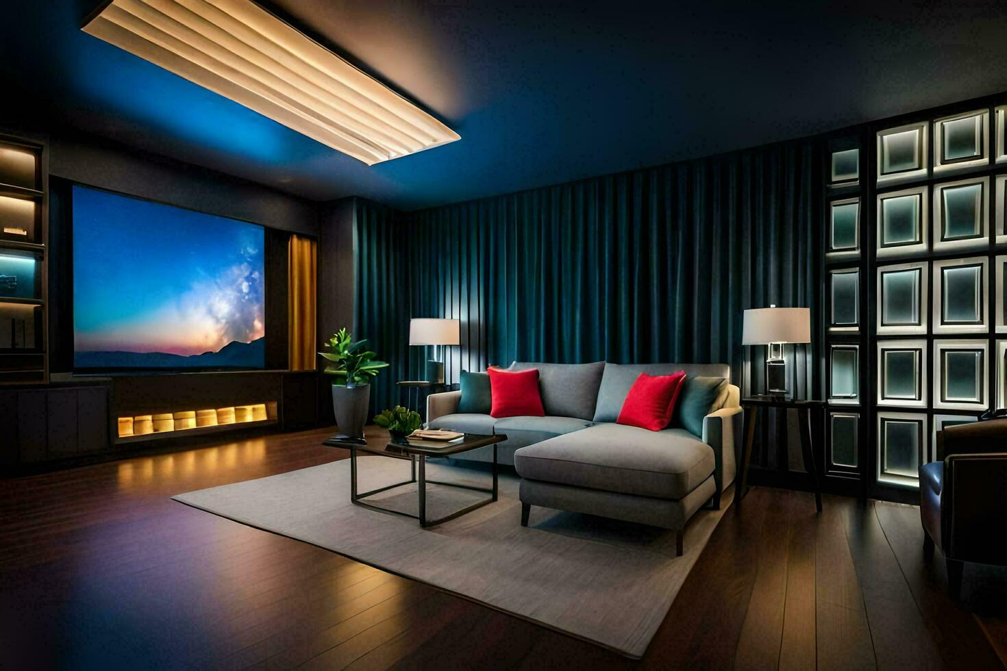 a modern living room with a large screen. AI-Generated photo