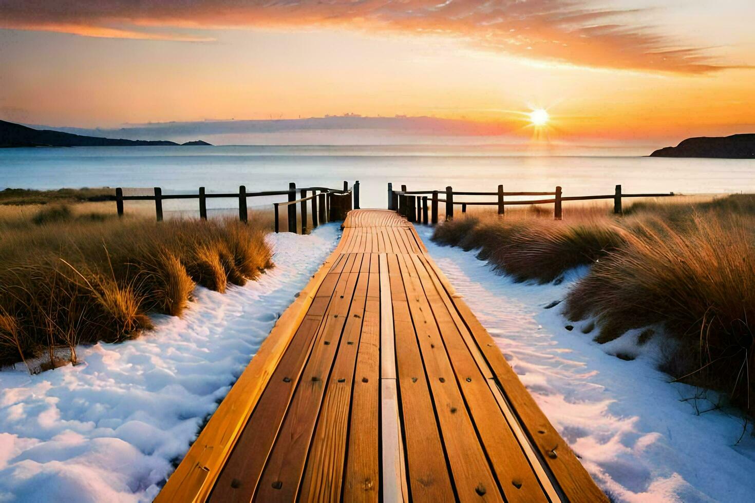a wooden boardwalk leads to the beach at sunset. AI-Generated photo