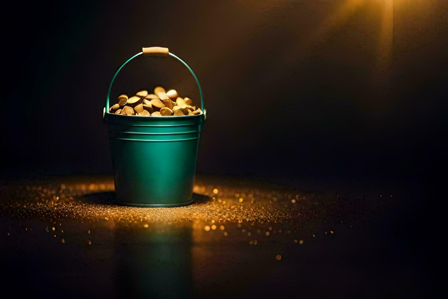 a bucket filled with gold coins on a dark background. AI-Generated photo