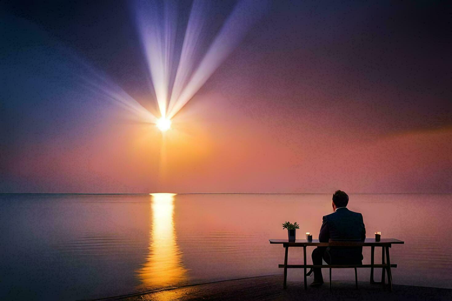 a man sitting at a table with a light shining from the sky. AI-Generated photo
