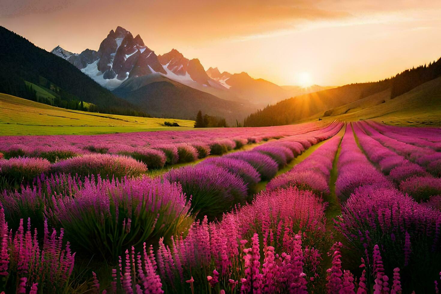 the sun rises over a lavender field in the mountains. AI-Generated photo