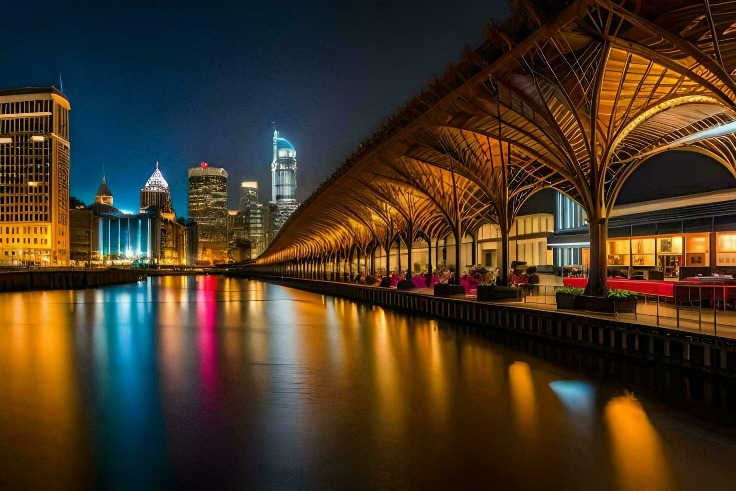 the city skyline at night with a river and a bridge. AI-Generated photo