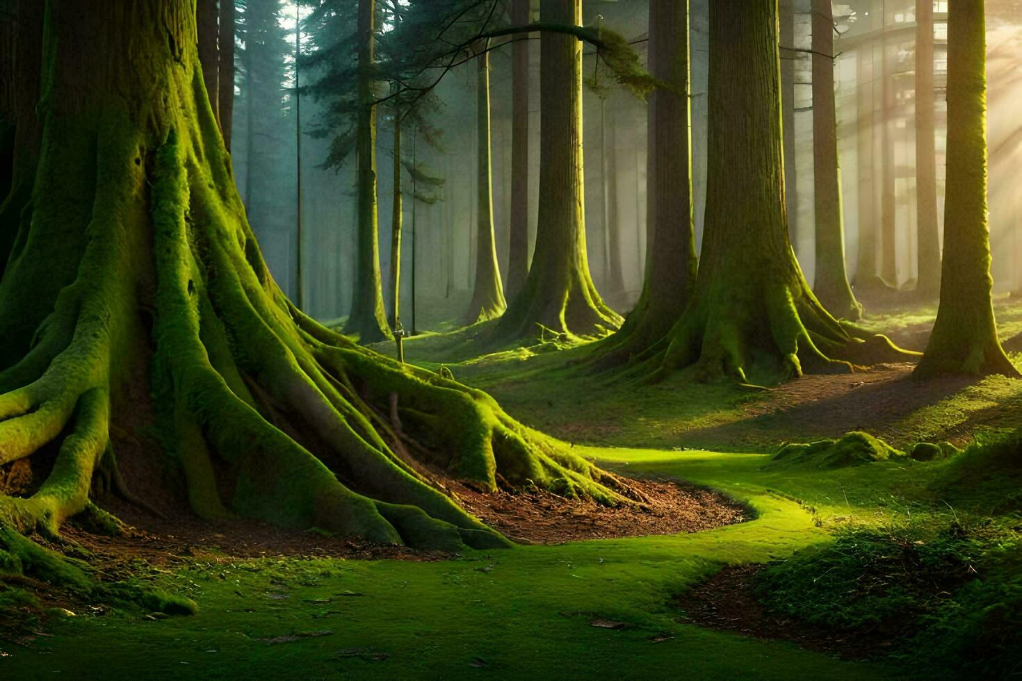 a forest with trees and grass. AI-Generated photo