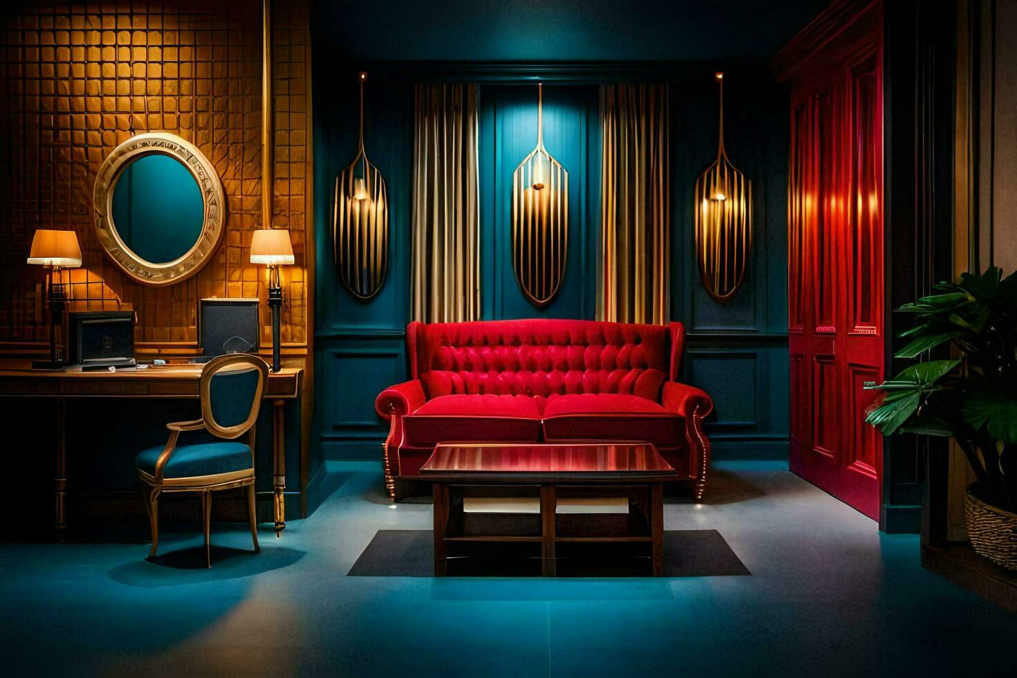 a red couch sits in a room with blue walls. AI-Generated photo