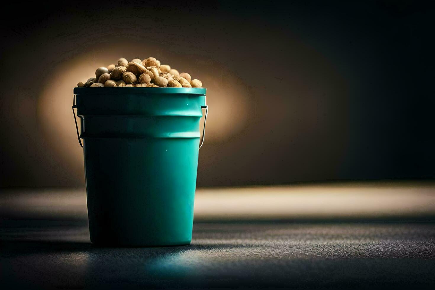 a bucket filled with peanuts on a dark table. AI-Generated photo