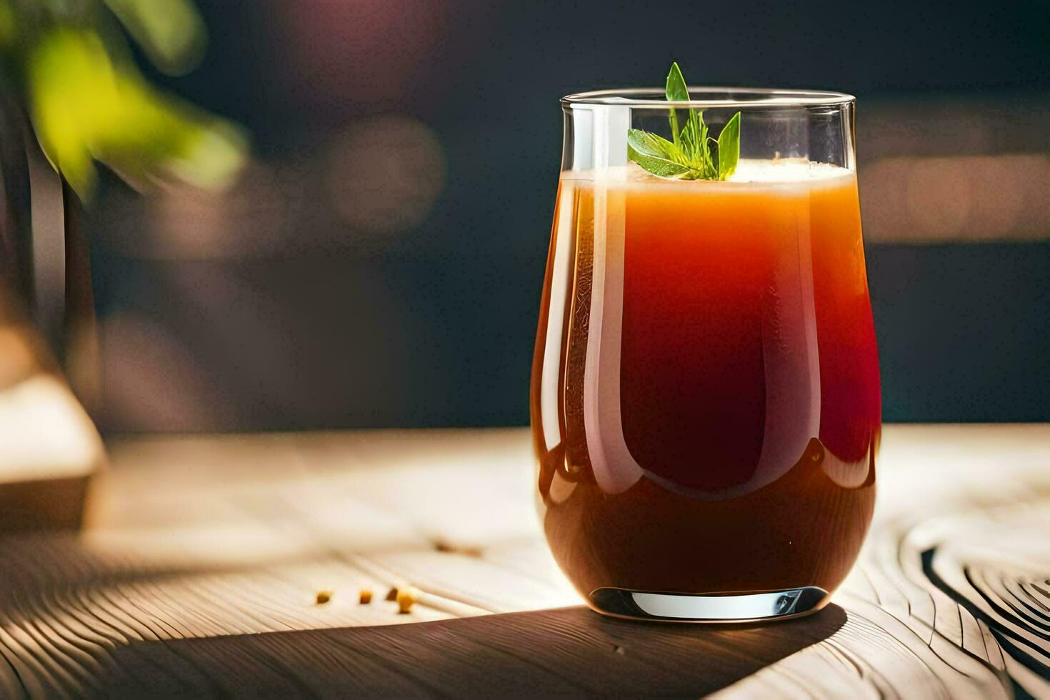 a glass of juice with a leaf on top. AI-Generated photo