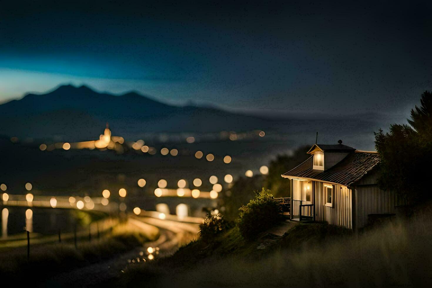 a small house sits on a hill overlooking a lake. AI-Generated photo