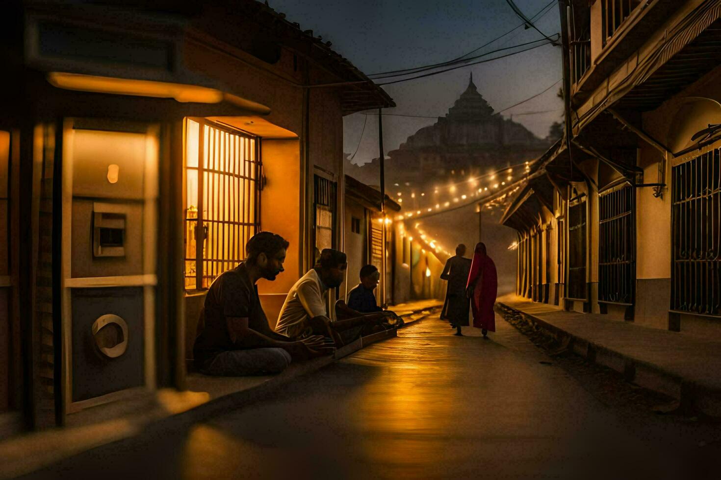 people sitting on the sidewalk at night in a city. AI-Generated photo
