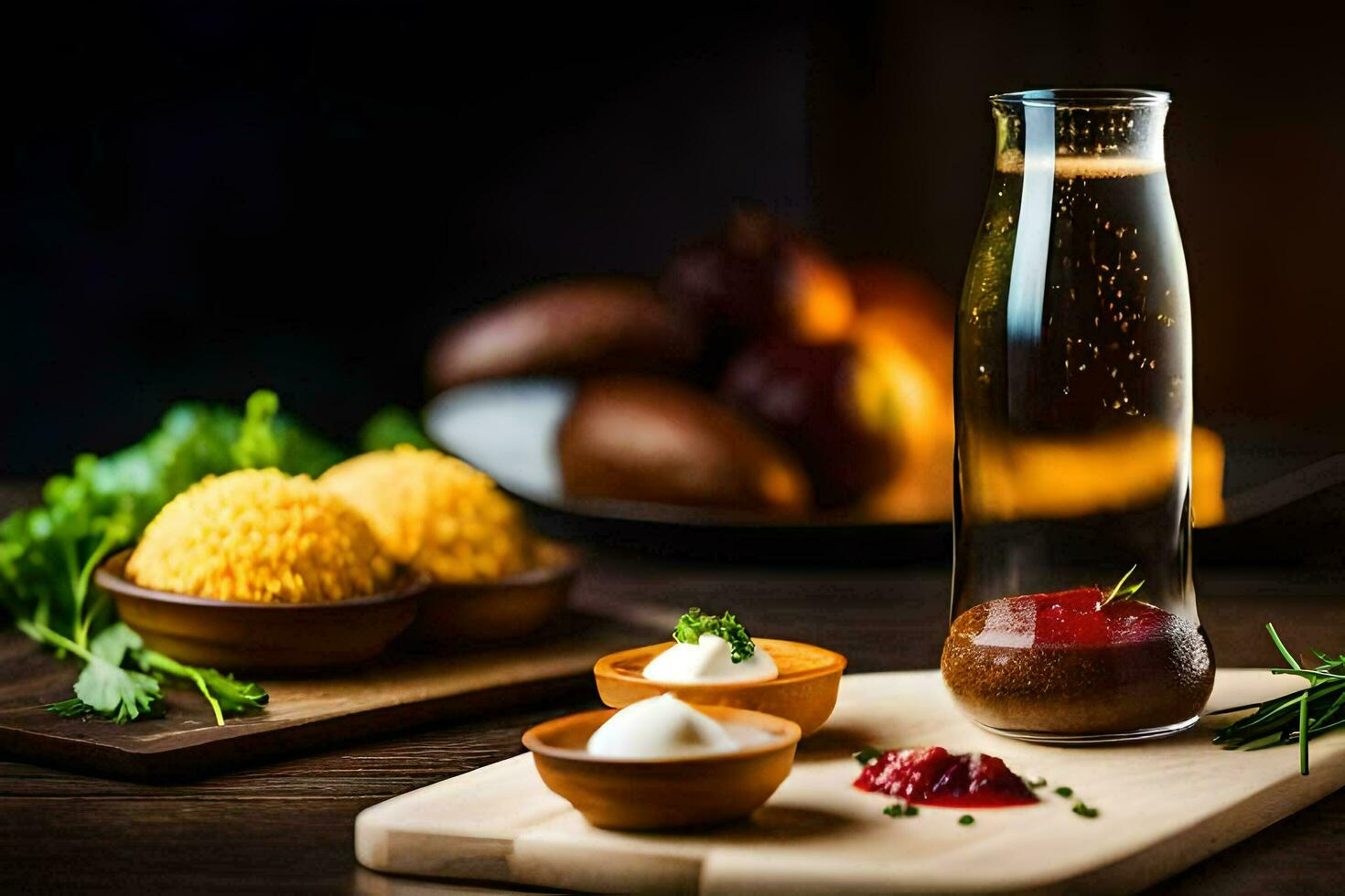 a glass bottle with food and a wooden table. AI-Generated photo