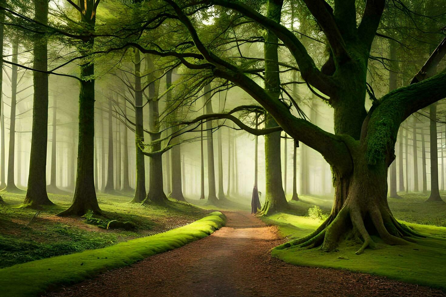 un camino mediante un bosque con arboles y verde césped. generado por ai foto