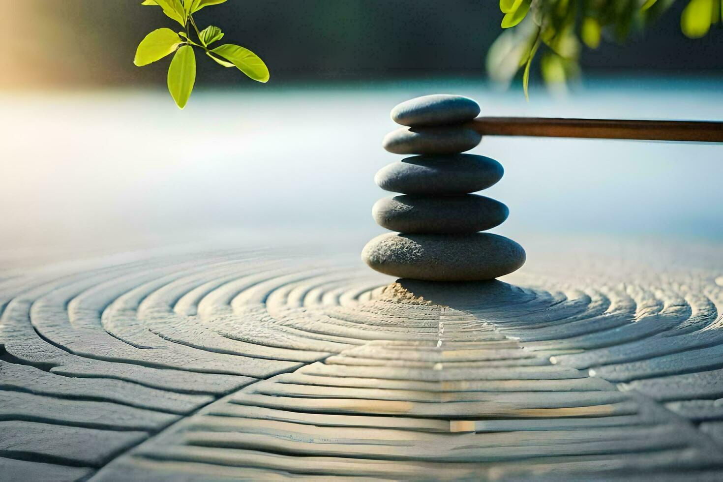 a stack of stones on a stone table. AI-Generated photo