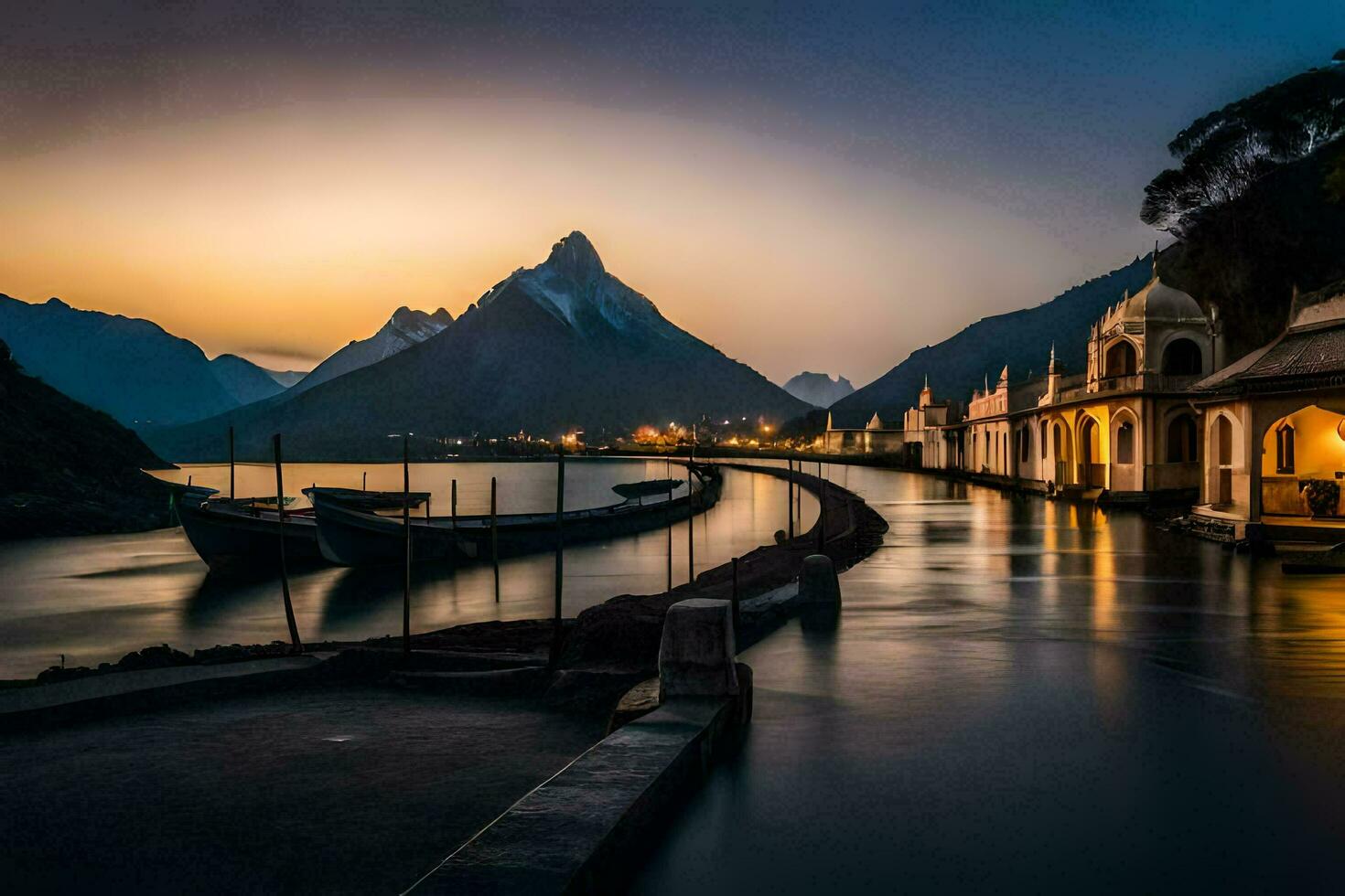 a boat sits in the water at sunset with mountains in the background. AI-Generated photo