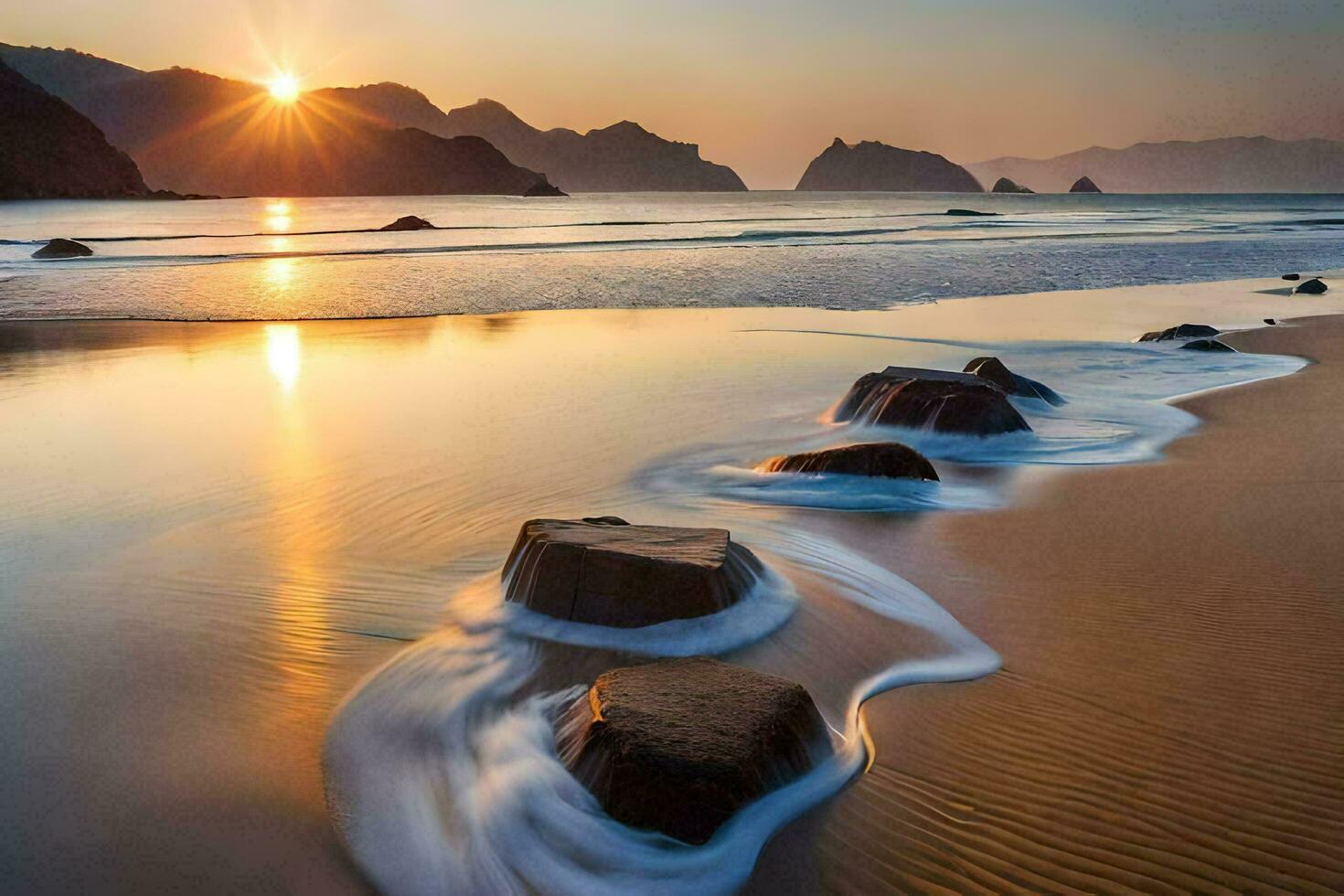 the sun rises over the ocean and rocks on the beach. AI-Generated photo