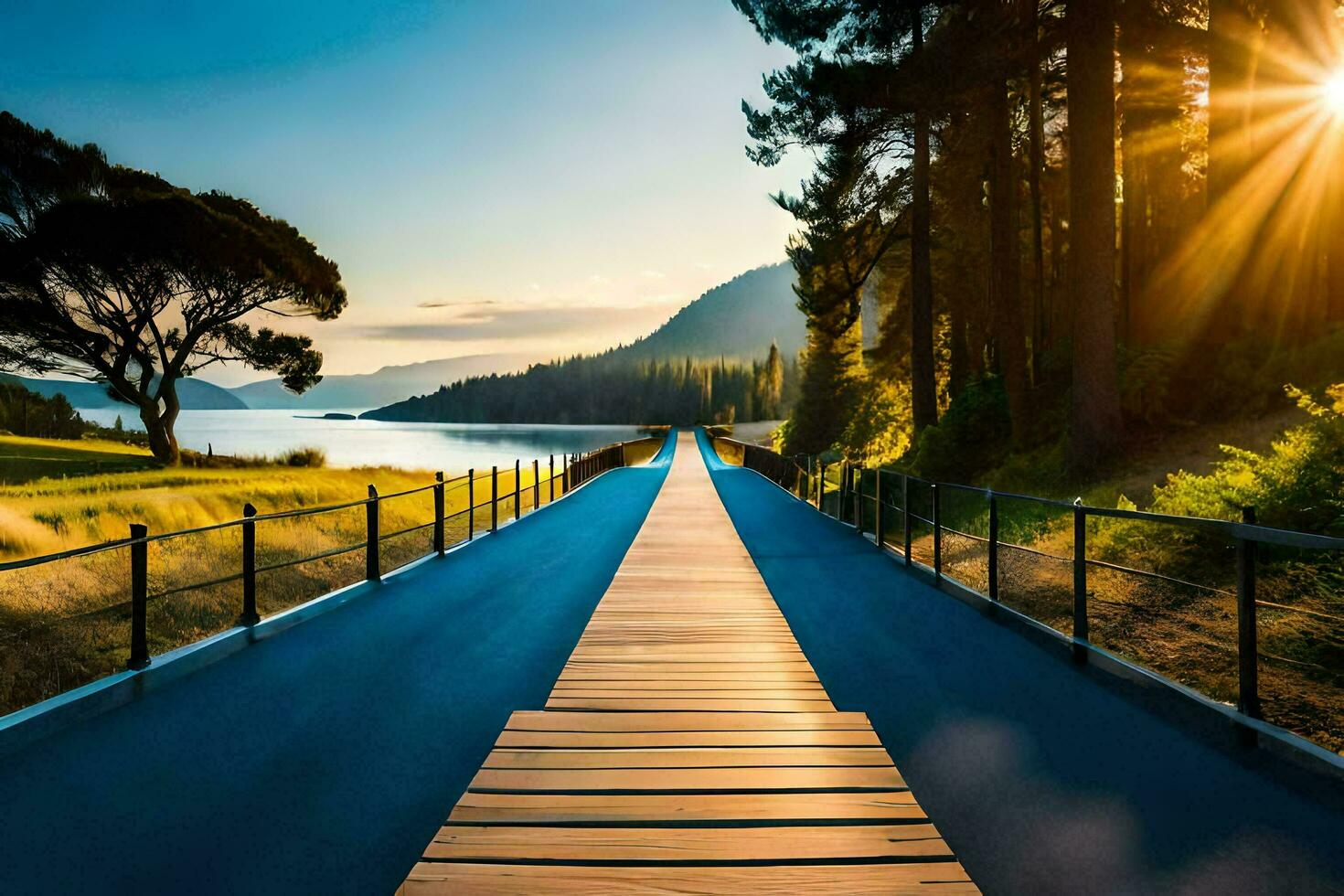 a wooden walkway leads to a lake and mountains. AI-Generated photo