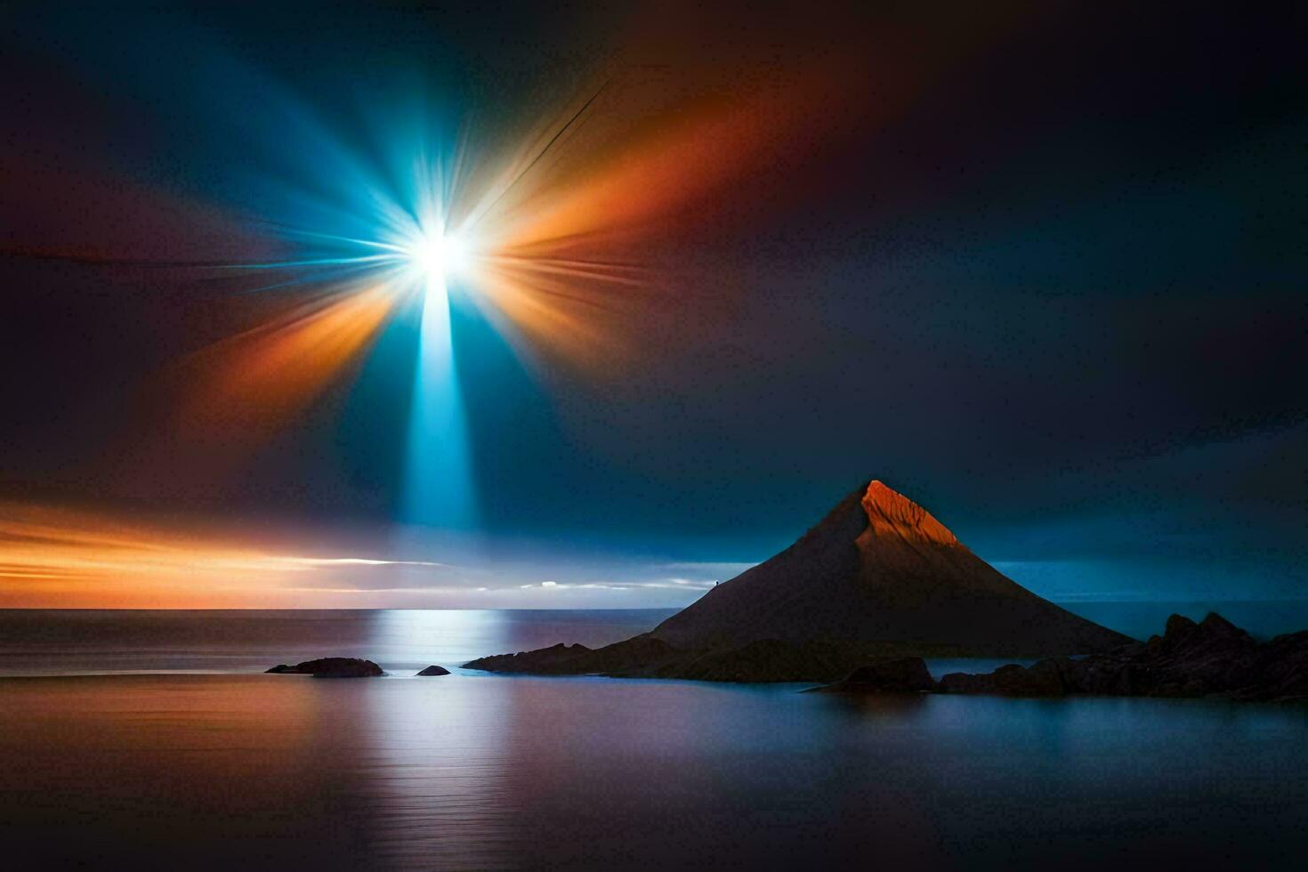 photo wallpaper the sky, mountains, water, the sun, light, the sky, the mountains. AI-Generated