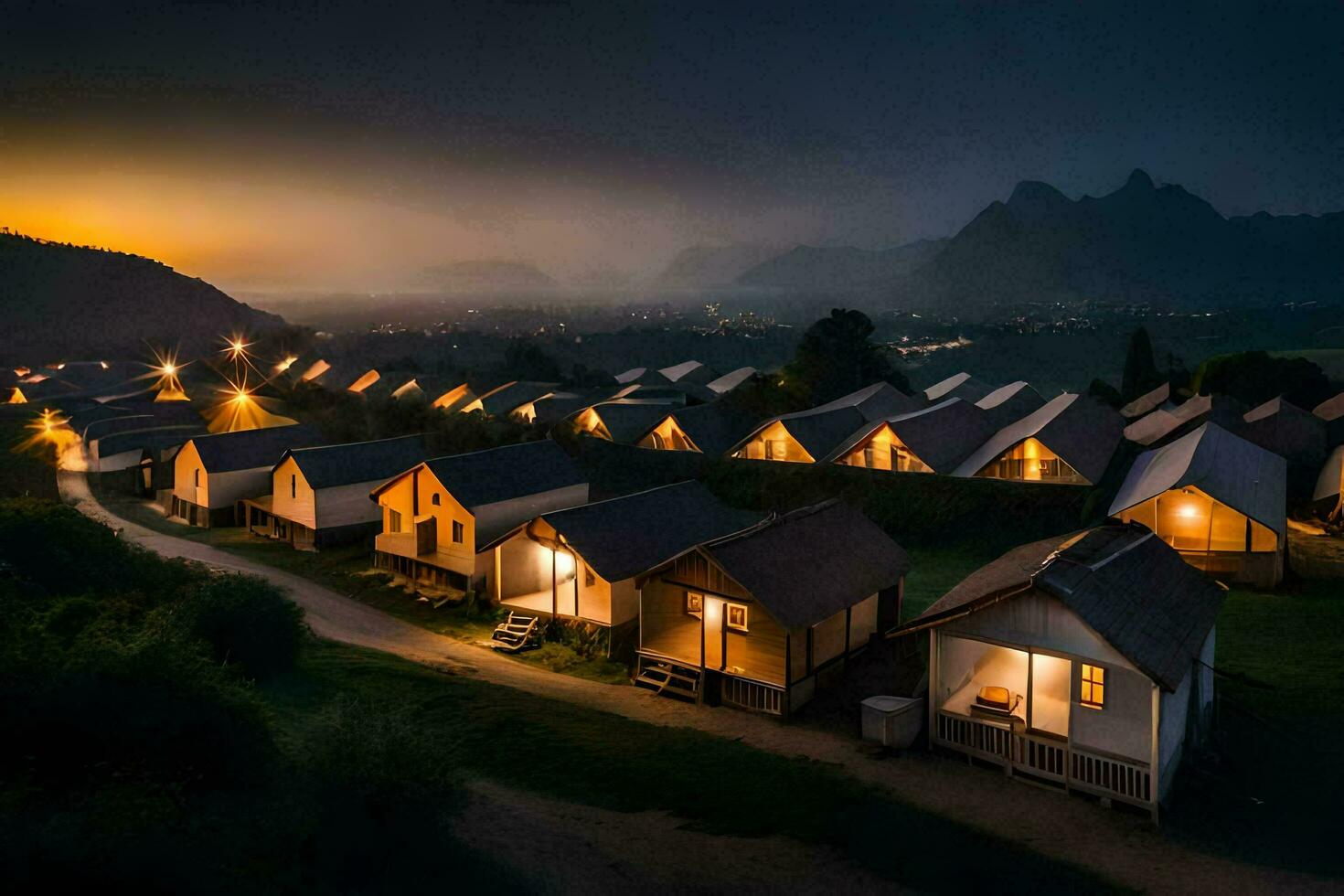 the village at night with the lights on. AI-Generated photo