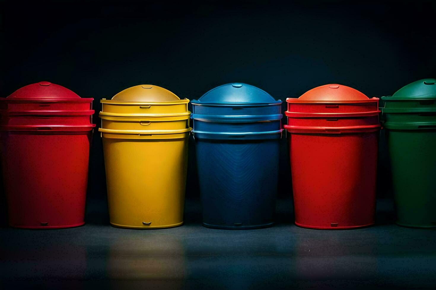 a row of colorful trash cans in a dark room. AI-Generated photo