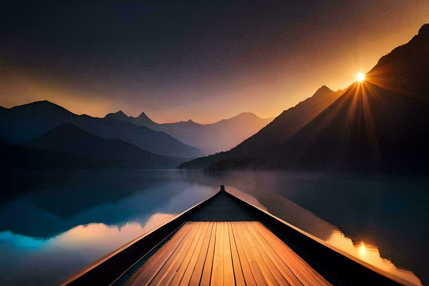 a boat is floating on the water at sunset. AI-Generated photo