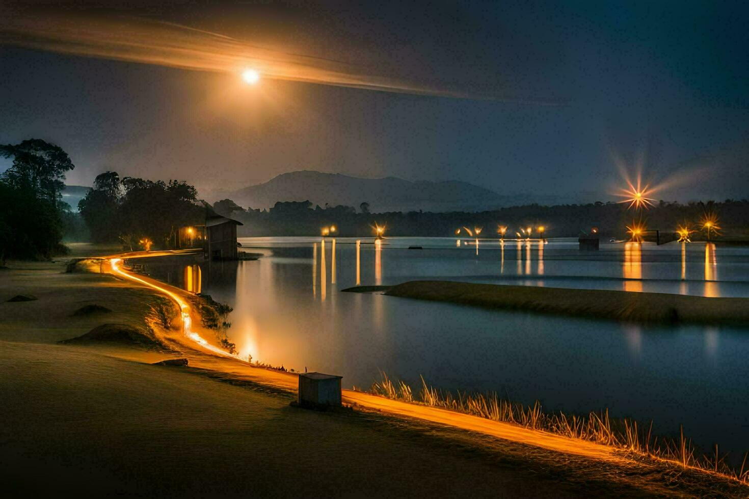 el Luna brilla brillantemente terminado un lago a noche. generado por ai foto
