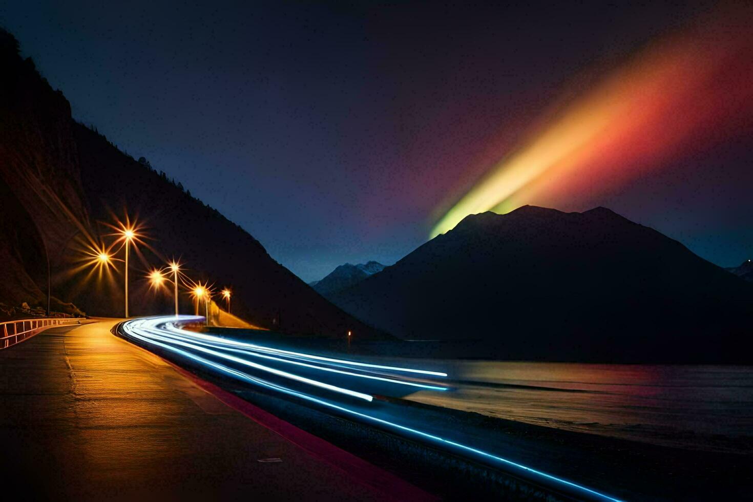 a rainbow light shines over a road and mountains. AI-Generated photo