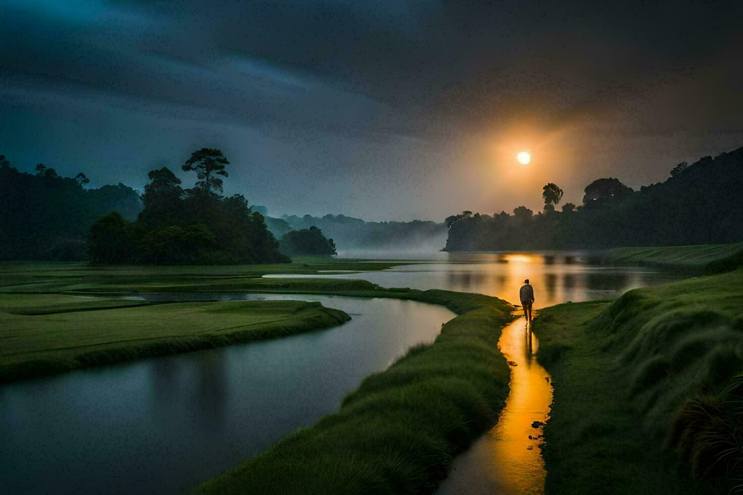a man walking along a river in the dark. AI-Generated photo