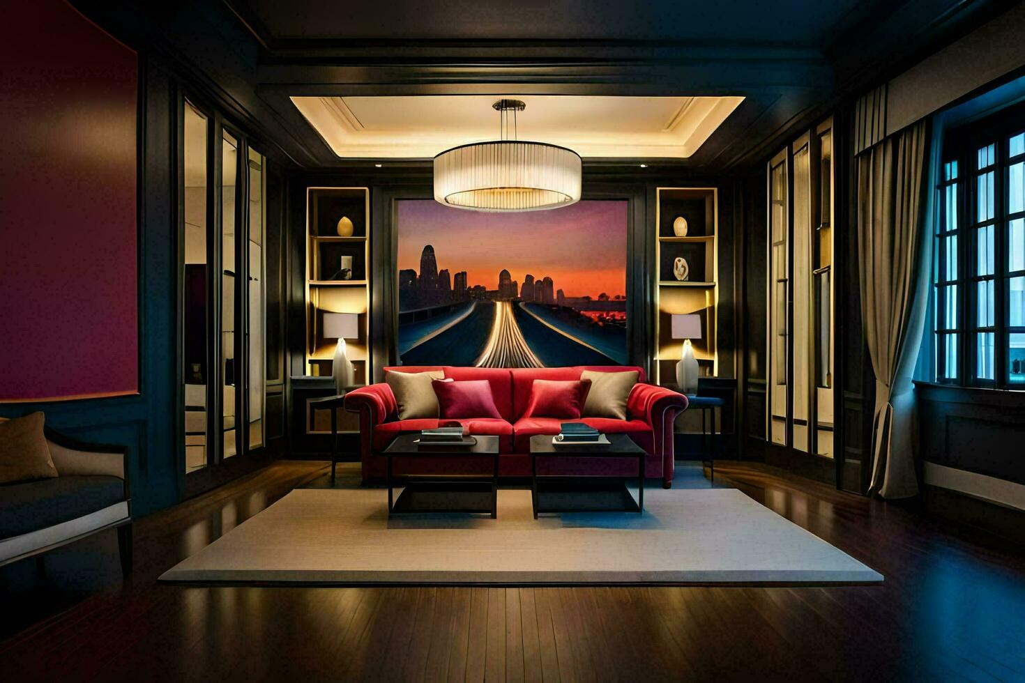 a living room with a large painting on the wall. AI-Generated photo