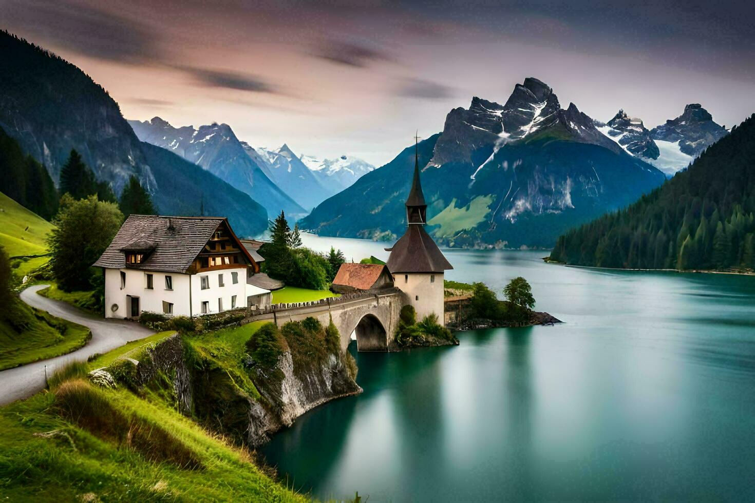 un hermosa lago y montaña paisaje con un Iglesia en el medio. generado por ai foto