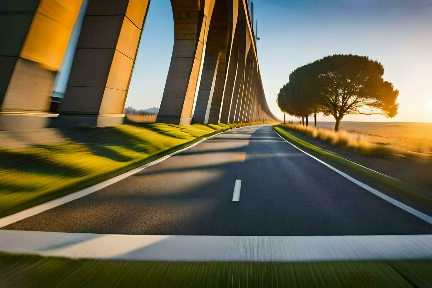 a long road with a tree in the foreground. AI-Generated photo