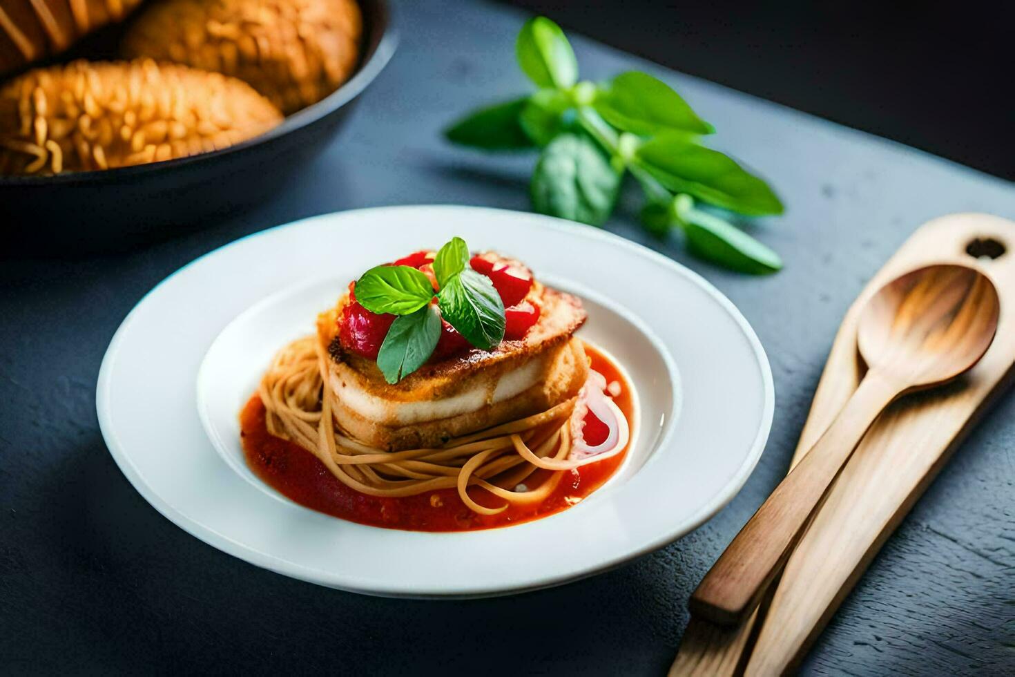 the dish is served with a spoon and a fork. AI-Generated photo