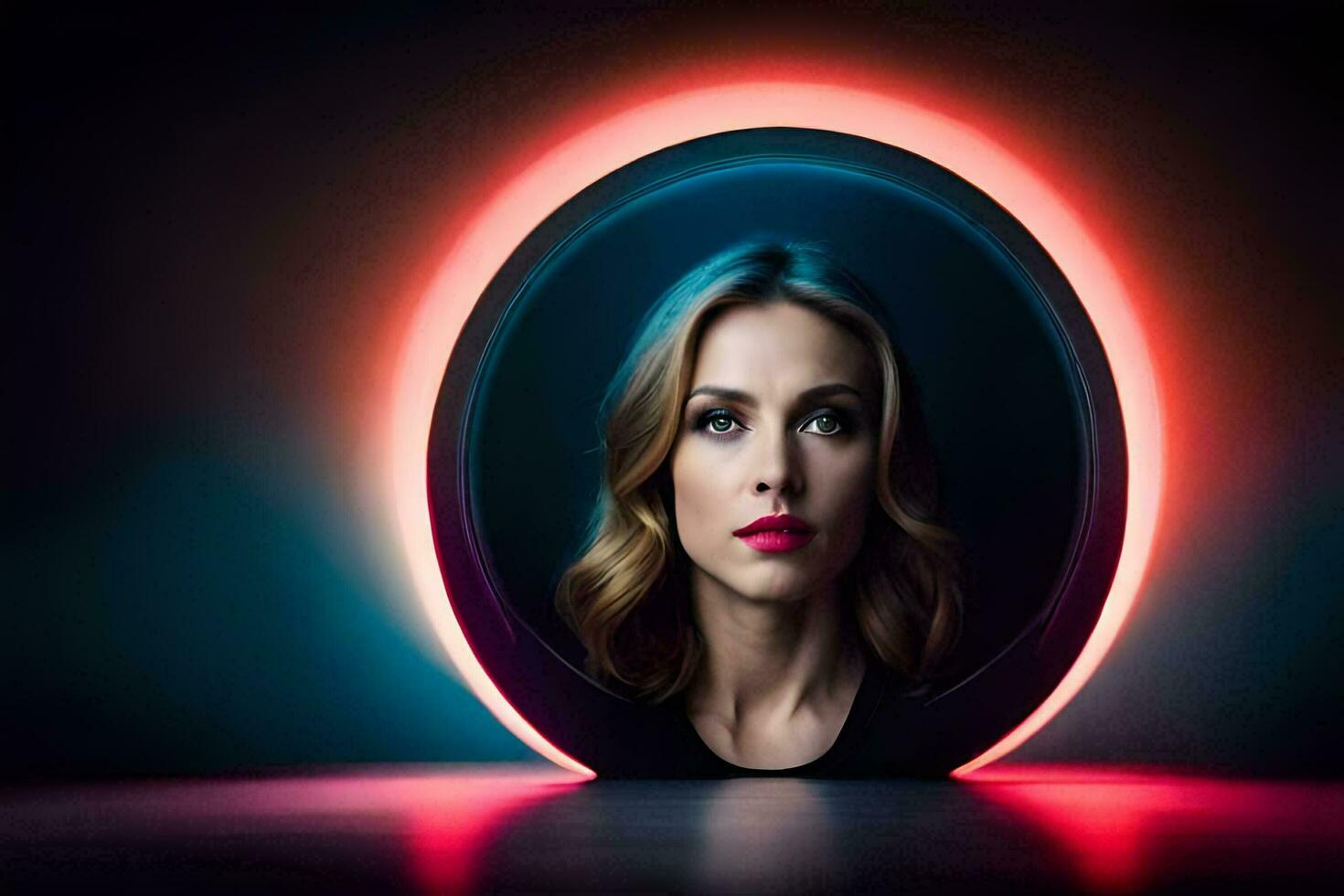 a woman in a round mirror with neon lights. AI-Generated photo