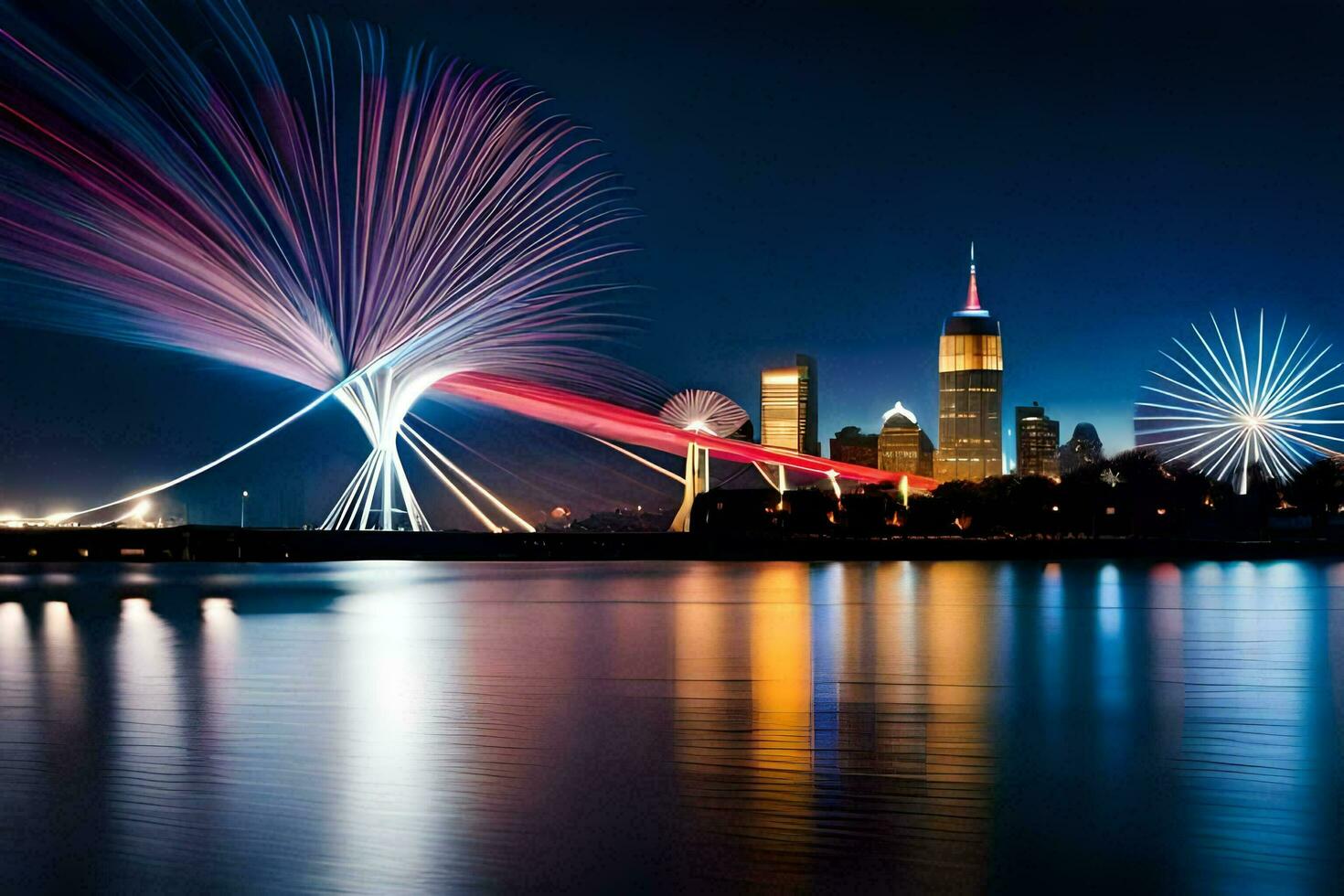 un ciudad horizonte con vistoso luces y fuegos artificiales. generado por ai foto