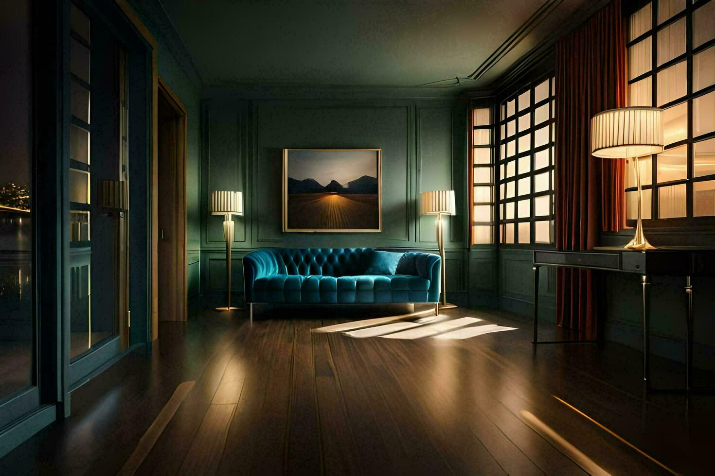 a room with a blue couch and a painting on the wall. AI-Generated photo