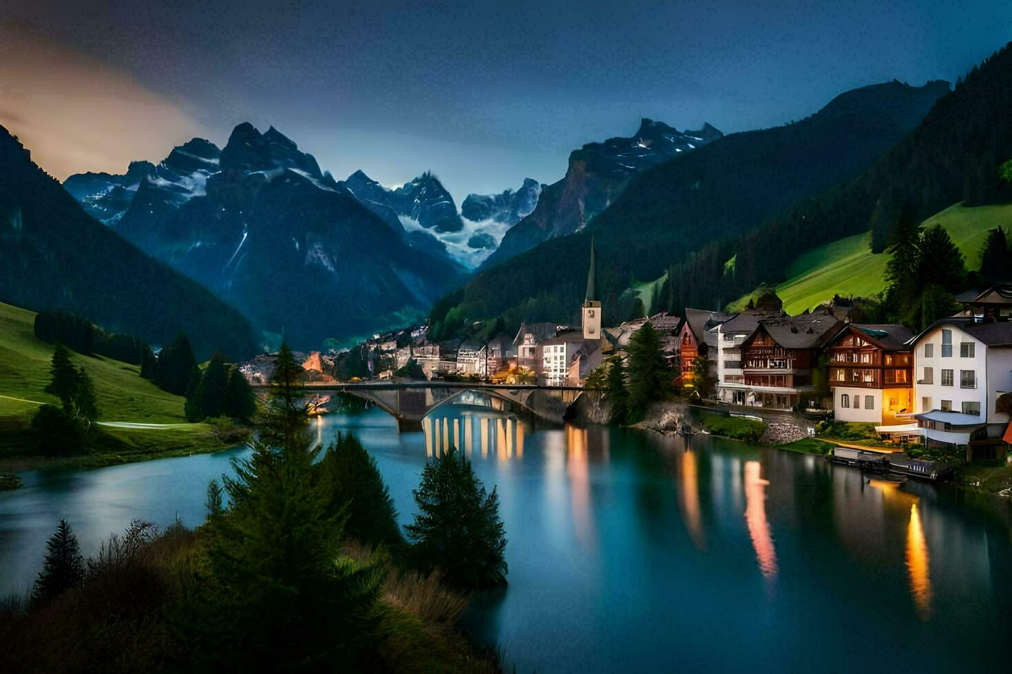 the village of switzerland is lit up at dusk. AI-Generated photo